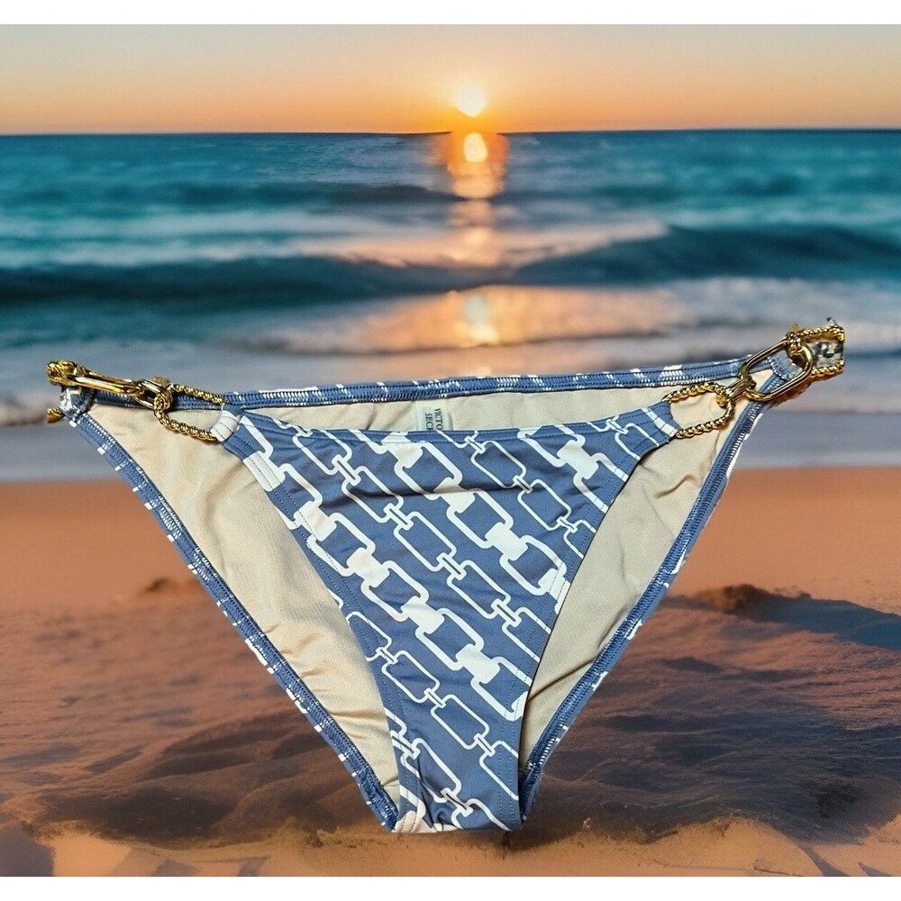 Victorias Secret Med White Blue Chain Link Metal Brazil Bikini Bottom Swim Beach